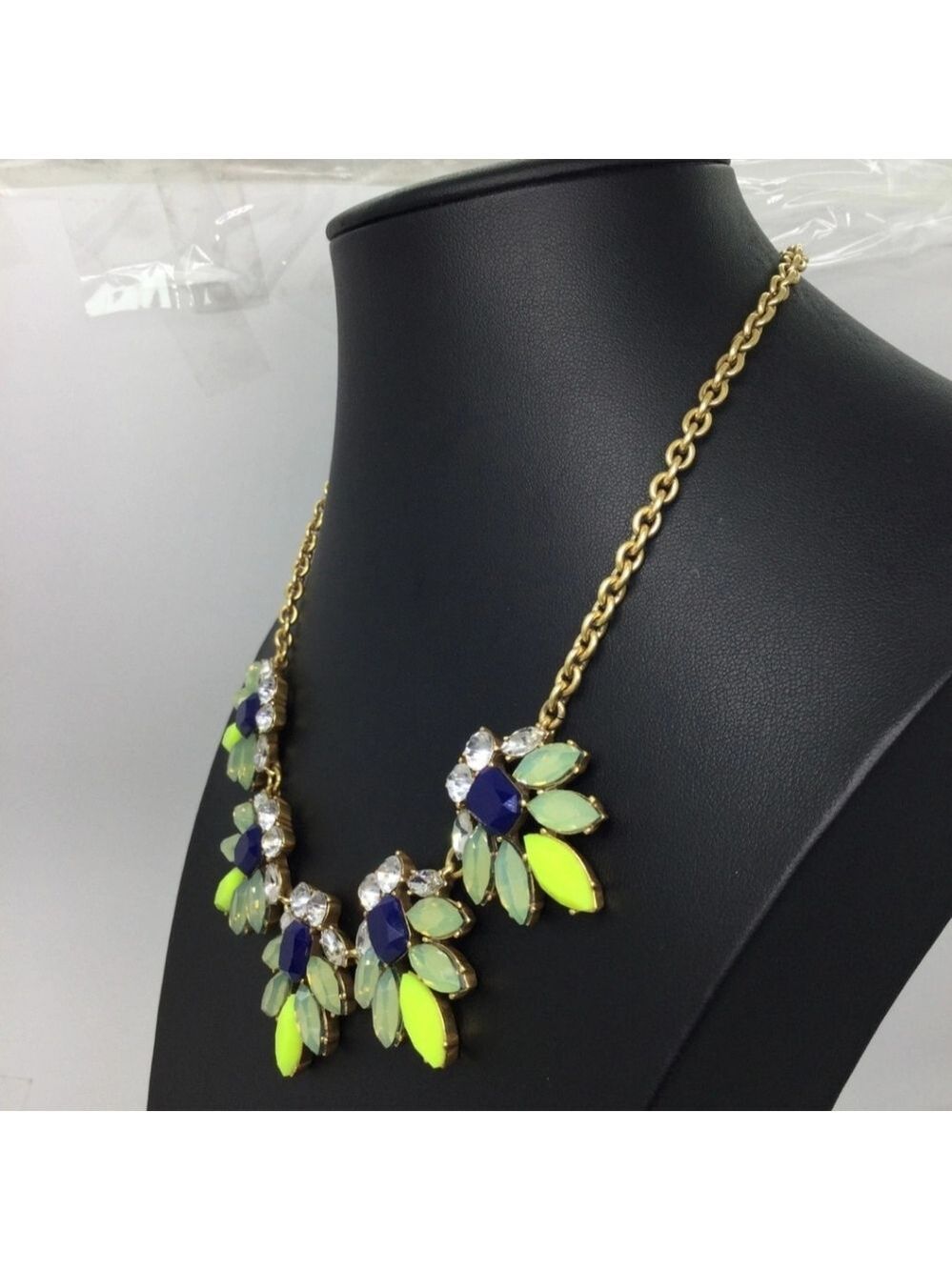 J. Crew Green/Blue Rhinestone Statement Necklace 18" - Picture 2 of 5